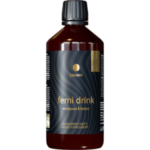 Brown bottle with black cap labeled 'femi drink' for menopause support, gold text and wavy dark label design (supplement).